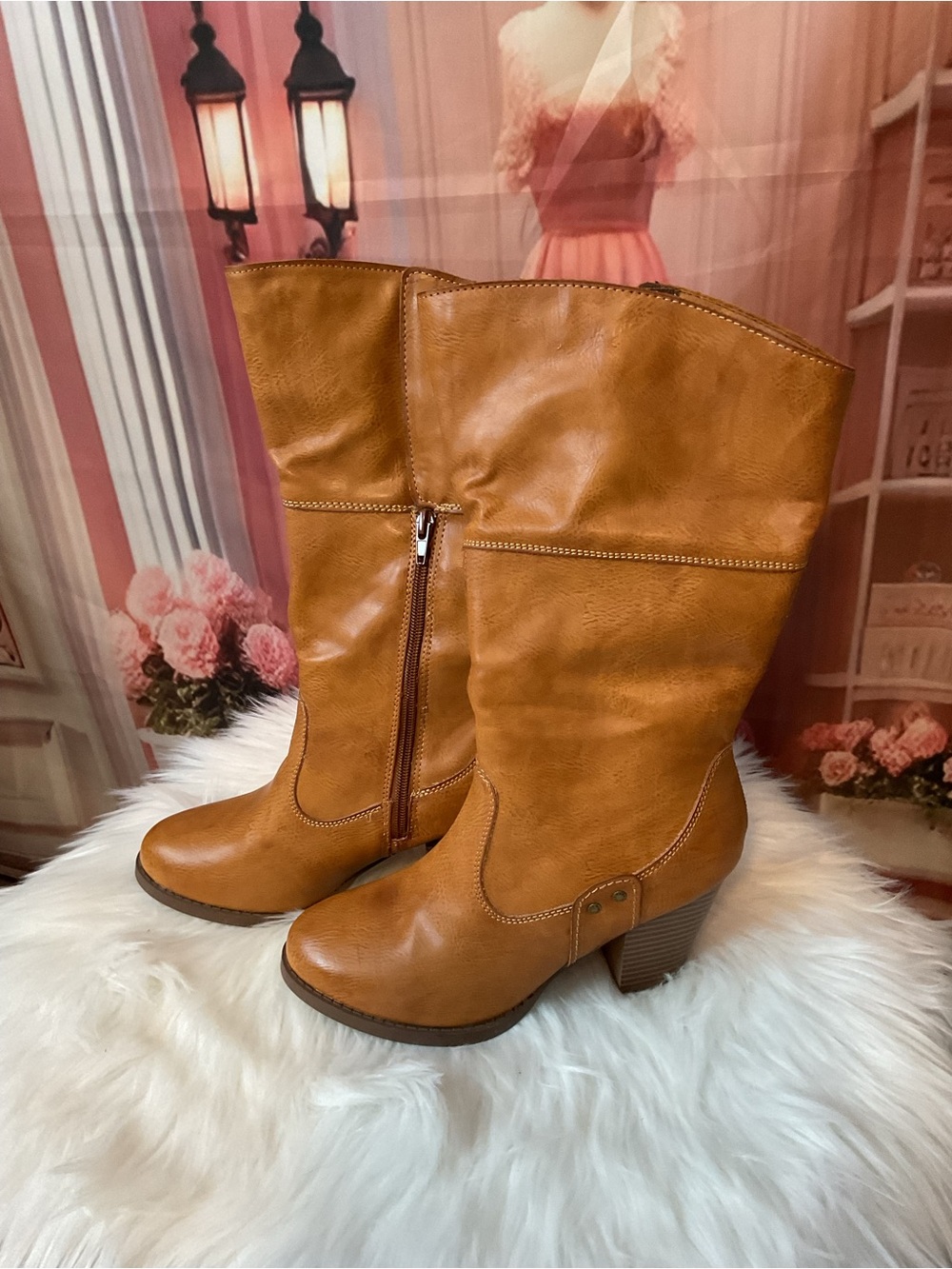 George Tan Mid-Calf Block Heel Boots